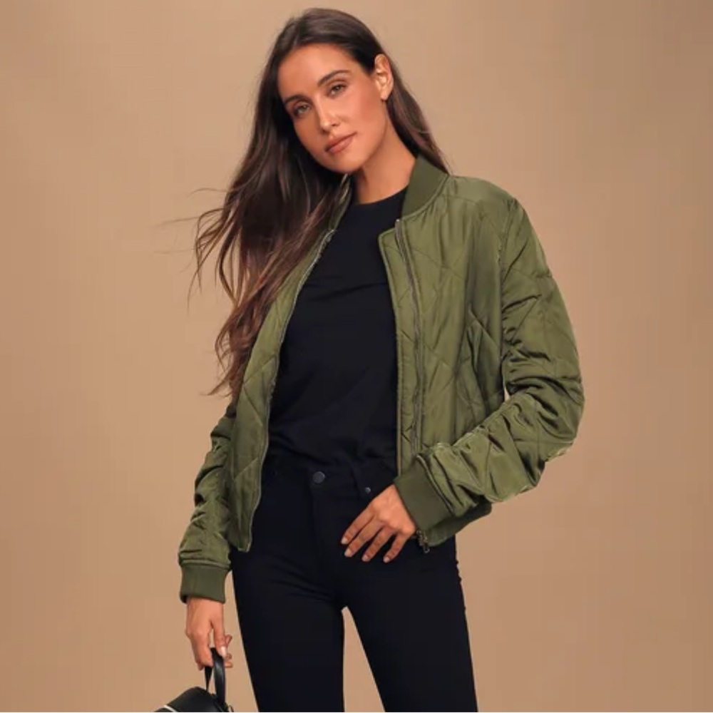 Lulus Style Expedition Olive Green Quilted Bomber Jacket
